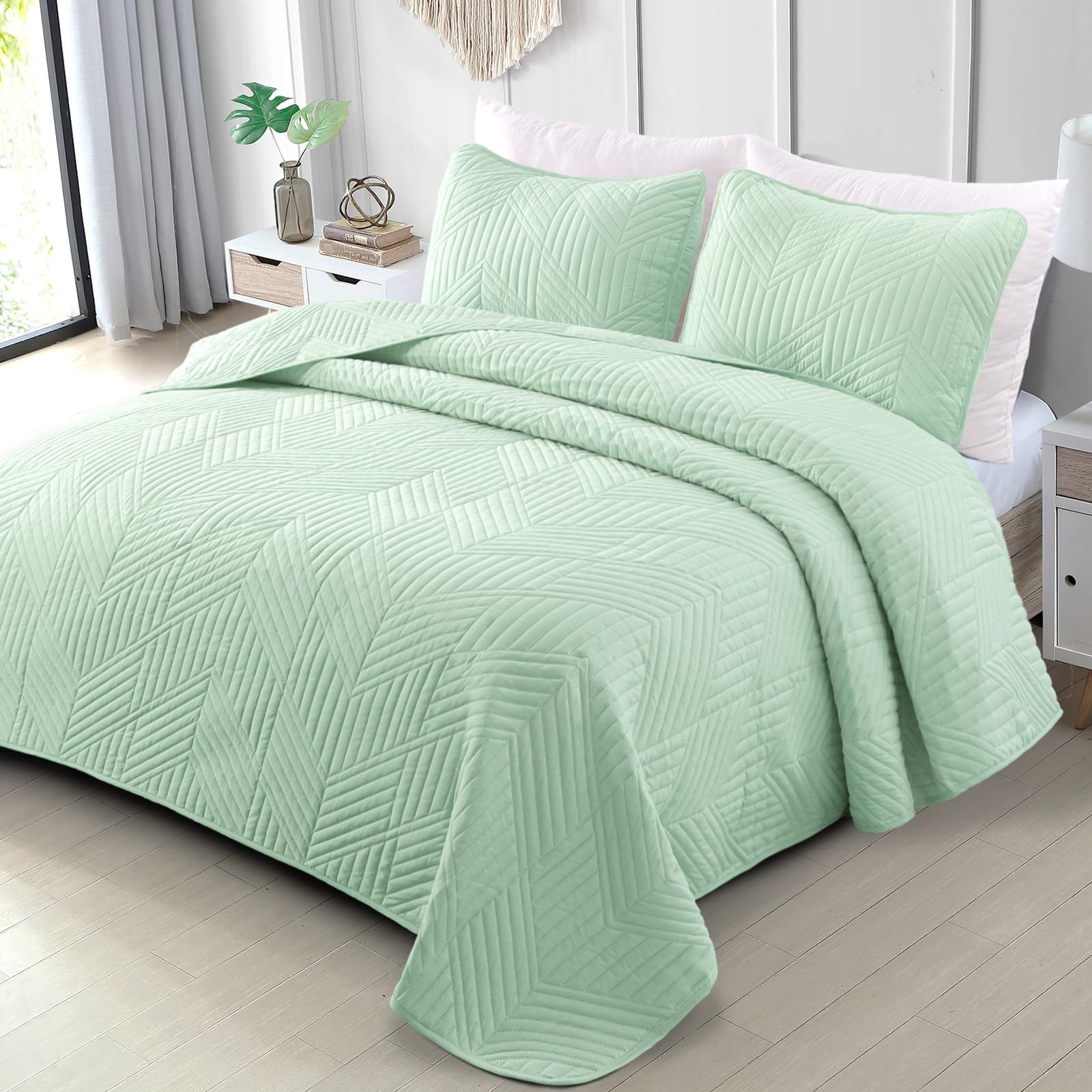 Exclusivo Mezcla Ultrasonic Full Queen Quilt Bedding Set, Lightweight Sage Green Bedspreads Soft Modern Geometric Coverlet Set F